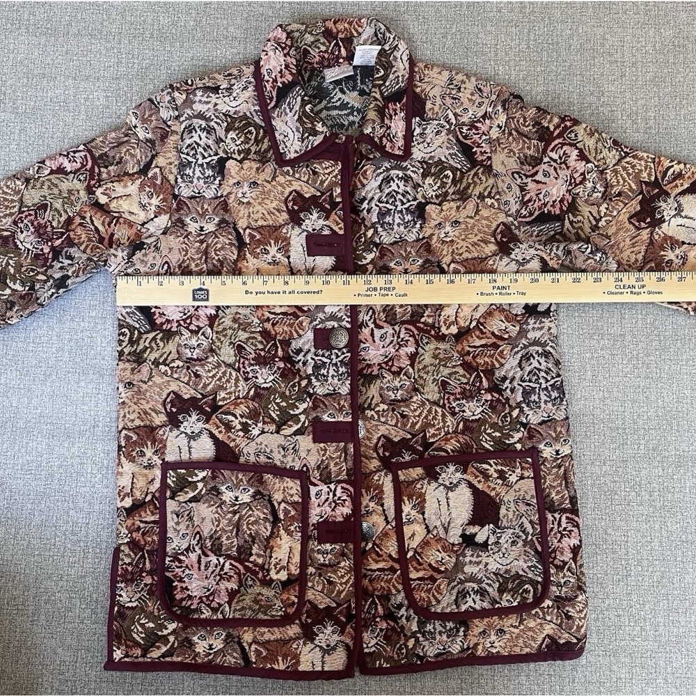 Blair Womens Medium Vintage Tapestry Cat Print Jacket Brown Burgundy Woven - Picture 8 of 9